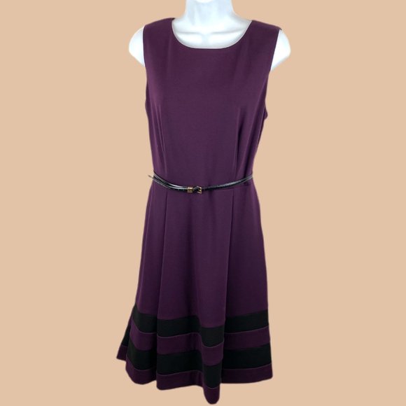 Calvin Klein - Eggplant With Black Striped Hem - Fit & Flare Dress - Picture 1 of 8